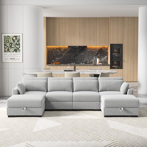 4-Sitzer-Sofa mit Fußhocker, modulares Sofa aus Cord, gepolstertes Sofa, modulare Sofas, 4-Sitzer-Sofas mit Kissen, niedrige Sofas (Grau, 4-Sitzer mit 2 Fußstützen) von WOBOPCG