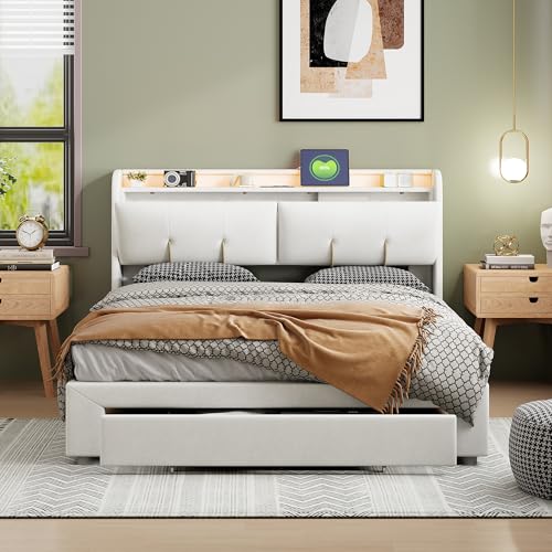 Bett 140 x 200 cm mit Kofferraum, gepolstertes Bett mit Stauraum, Bett, Truhe mit LED und USB-Stecker, Doppelbett, mit Stauraum aus gepolstertem Bettbrett mit Stauraum (Elfenbein, Samt, 140 x 200 cm) von WOBOPCG