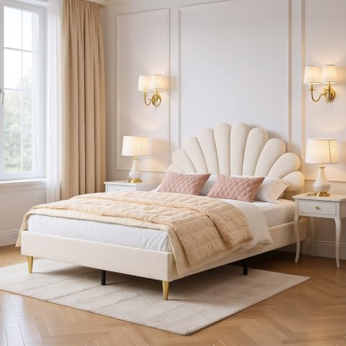 Gepolstertes Bett 140 x 200 für Kinder, Doppelbett Samt 140 x 200 Kinderbetten mit Blütenblatt-Kopfteil, Struktur Betten mit Lattenrost aus Holz, Jugendbett (Beige-1, 140 x 200 cm) von WOBOPCG