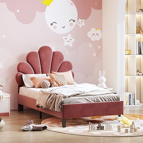 Gepolstertes Bett 90 x 200 für Kinder, Einzelbett Samt Kinder 90 x 200 Gepolsterte Betten mit Blütenblatt-Kopfteil, Struktur Betten mit Lattenrost aus Holz, Jugendbett (Weinrot-2, 90 x 200 cm) von WOBOPCG