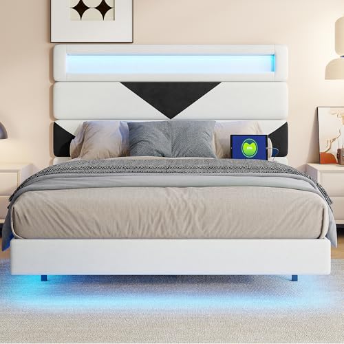 Gepolstertes Doppelbett 140 x 190 cm, Doppelbett 140 x 190 cm, mit USB und LED, gepolstertes Bett mit Kopfteil, Bettgestell mit verstellbaren Latten und Kopfteil, Samt (schmutzweiß + schwarz 1, 140 x Gepolstertes Doppelbett 140 x 190 cm, Doppelbett 140 x 190 cm, mit USB und LED, gepolstertes Bett mit Kopfteil, Bettgestell mit verstellbaren Latten und Kopfteil, Samt (schmutzweiß + schwarz 1, 140 x von WOBOPCG