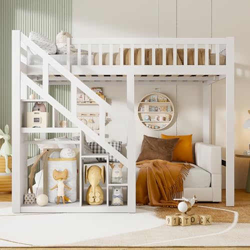 Hochbett für Kinder, 90 x 200 cm, Hochbett für 1 Sitzer, mit Stauraum, Kinderhöhe, multifunktional, Kinderbett mit Treppen und Fächern, Fallschutz (Stil 5-1, weiß) von WOBOPCG