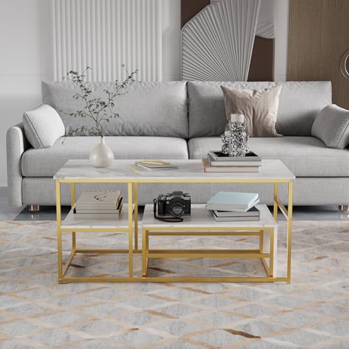 Kaffeetische Set mit 2 Kaffeetischen, übereinander stellbaren Couchtischen Rechteckige Kaffeetische Wohnzimmertische Weißer Marmor-Effekt Moderner Wohnzimmer Tisch Metallrahmen Goldene Beine (Stil E) von WOBOPCG