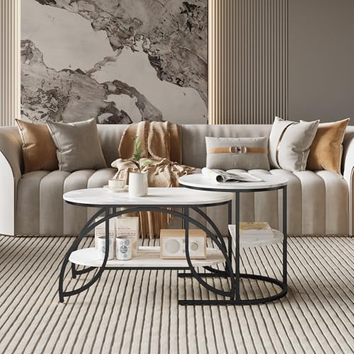 Kaffeetische Set mit 2 Kaffeetischen, überlappenden Couchtischen Runde Kaffeetische Wohnzimmer Couchtische Weißer Marmor-Effekt Tisch Moderner Wohnzimmer Tisch Metallrahmen Schwarze Füße (Stil D) von WOBOPCG
