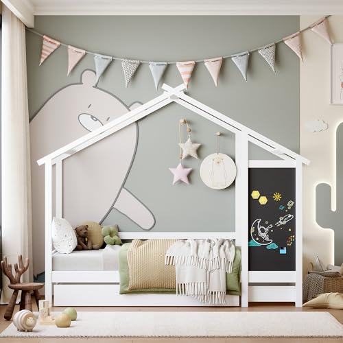 WOBOPCG Kinderbett 90x200 Hausform, Kinder Bett mit Rausfallschutz, Kinderbett mit Schreibtafel, Bodenbett für Kinder, Bodenbett mit Ausziehbett, Massivholzbett mit Schubladen(Stil 3, Weiß) von WOBOPCG