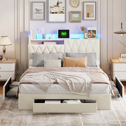 Polsterbett 160 x 200, Doppelbett mit 3 Schubladen, gepolstert, mit Lattenrost, Bett mit USB und LED-Licht, Bettgestell mit Kopfteil für Doppelbett (Beige, Samt, 160 x 200 cm) von WOBOPCG