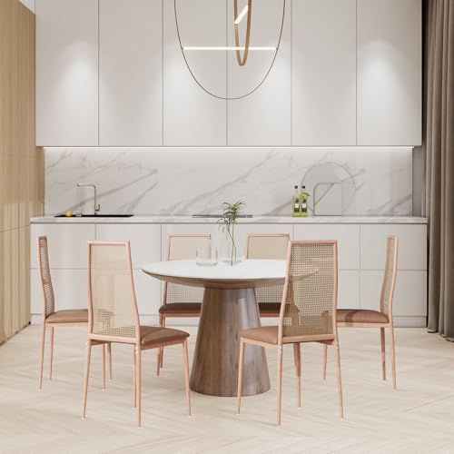 Set mit 6 Esszimmerstühlen, Rattan-Esszimmerstuhl mit Rückenlehne und Beinen aus Metall, moderner Küchenstuhl für Esszimmer, Wohnzimmer, Schlafzimmer (Holzfarbe - 1, 6 Stück) von WOBOPCG