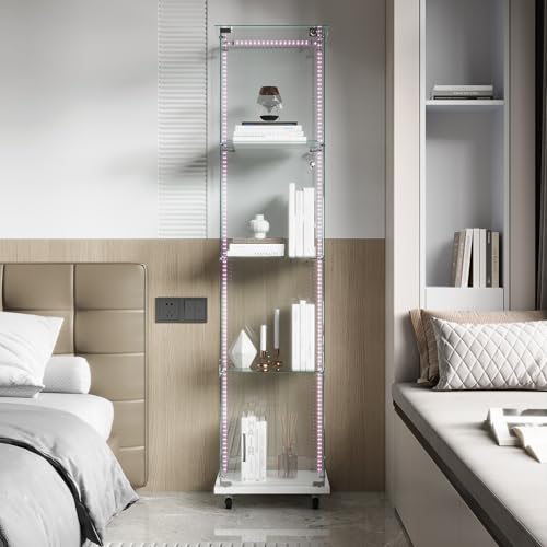 Vitrine aus Glas mit LED, Vitrine aus Glas mit 1 Türen 4 Regalen Vitrine mit Schloss Vitrine für Sammler Vitrine Wohnzimmer Modern (Weiß, Lichtstreifen + Räder) von WOBOPCG