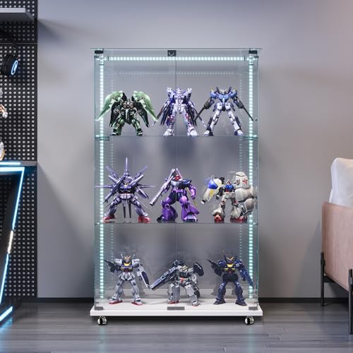 Vitrine aus Glas mit LED, Vitrine aus Glas mit 2 Türen 3 Einlegeböden Vitrine mit Schloss Vitrine für Sammler Vitrine Wohnzimmer Modern (Weiß, Lichtstreifen + Räder) von WOBOPCG