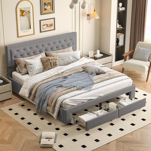 WOBOPCG Gepolstertes Doppelbett 160 x 200 cm, Bett 160 x 200 cm mit Stauraum, Doppelbettgestell mit 2 Schubladen, gepolsterte Betten mit Box Springbett (Grau, Samt-2, 160 x 200 cm) von WOBOPCG