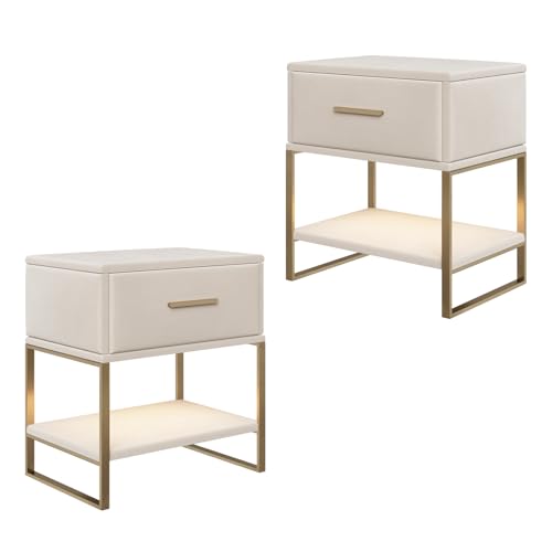 WOBOPCG Nachttisch 2er Set,Nachtschrank mit 1 Schubladen,Nachtkommode mit Metallfüßen,Modern Nachtkästchen,Sofatisch Beistelltisch,Sofatisch mit Beine für Schlafzimmer, Wohnzimmer (Beige+Samt) von WOBOPCG