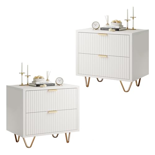 WOBOPCG Nachttisch 2er Set,Nachtschrank mit 2 Schubladen,Nachtkommode mit Metallfüßen,Modern Nachtkästchen,Sofatisch Beistelltisch,Sofatisch mit Beine für Schlafzimmer, Wohnzimmer, Weiß (Weiß) von WOBOPCG