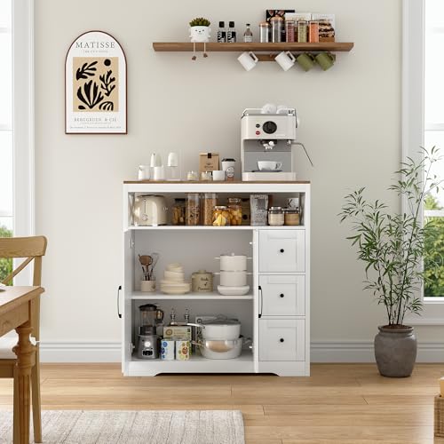 WOBOPCG Niedriges weißes Sideboard, Küchenschrank mit 3 Schubladen und 1 Türen, Sideboard, Wohnzimmer, modernes Sideboard, Weiß und Holz für Küche, Wohnzimmer, Esszimmer, Eingangsbereich (100 x 40 x von WOBOPCG