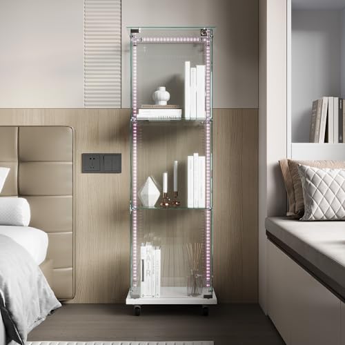 WOBOPCG Vitrine aus Glas mit LED, Vitrine aus Glas mit 1 Türen und 3 Regalen und Schloss Vitrine für Sammler Vitrine Wohnzimmer Modern für Bar (Weiß, Lichtstreifen + Räder) von WOBOPCG