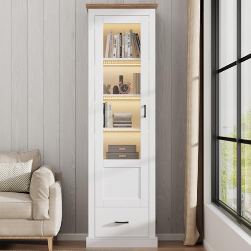 WOBOPCG Vitrinenschrank mit LED, Mehrzweckschrank mit LED Glasvitrine mit 2 Schubladen Hochschrank mit Glastür Bücherschrank Vitrine für Bar Küche Wohnzimmer Schlafzimmer Büro (Weiß, 50x35x178 cm) von WOBOPCG