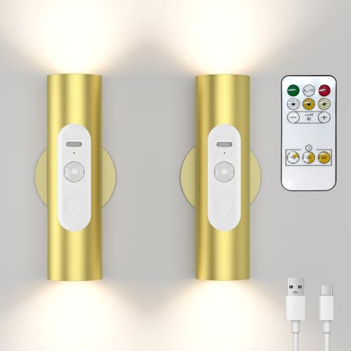 WOBSION LED Wandleuchte Innen mit Bewegungsmelder,USB Aufladbar Wandlampe Dimmbar mit Fernbedienung,3 Farbmodi Metall Nachtlicht in Warmweiß-Weiß,Beleuchtung für Flur und Treppe,2 Stück,Goldene von WOBSION