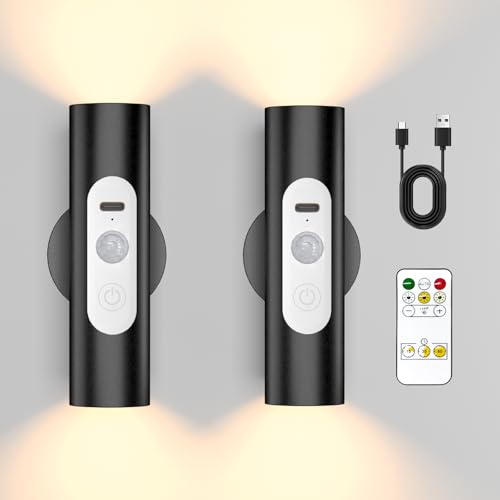 WOBSION LED Wandleuchte Innen mit Bewegungsmelder,USB Aufladbar Wandlampe Dimmbar mit Fernbedienung,3 Farbmodi Metall Nachtlicht in Warmweiß-Weiß,Beleuchtung für Flur und Treppe,2 Stück,Schwarz von WOBSION