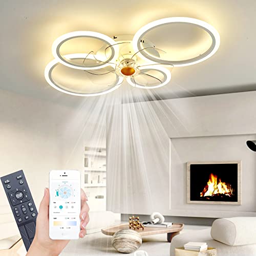 Deckenleuchte mit Ventilator, leise, weiß, Deckenventilator mit Beleuchtung, App und Fernbedienung; 60 W, 6000 lm, dimmbar, LED, für Wohn-, Schlaf- und Esszimmer, 6-Gang, Timer von WODA Shang Mao