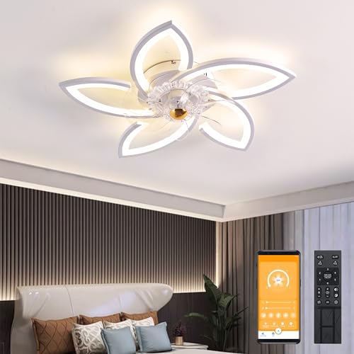 LED Deckenventilator mit Beleuchtung, 48W Dimmbare Deckenleuchte mit Ventilator Fernbedienung APP 3 Farbtemperatur 6-Speed Leise Deckenventilator für Schlafzimmer Wohnzimmer Esszimmer (Weiß, 70cm) von WODA Shang Mao
