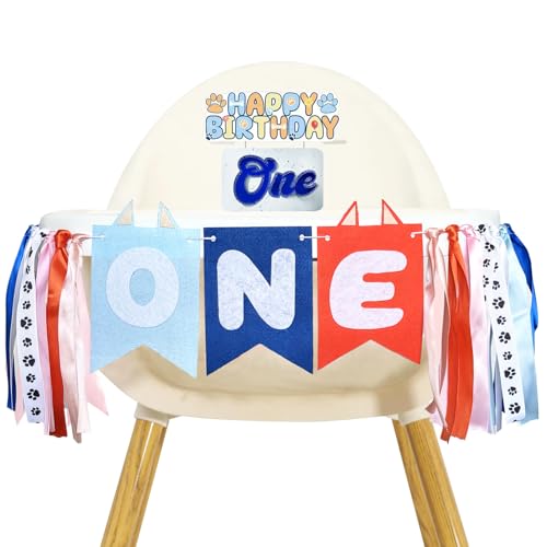 WODCM Hellblau Marineblau Orange Hochstuhl Banner und Tortenaufsatz Niedlicher Welpe Hochstuhl Girlande One Happy Birthday Hochstuhl Foto Requisite von WODCM