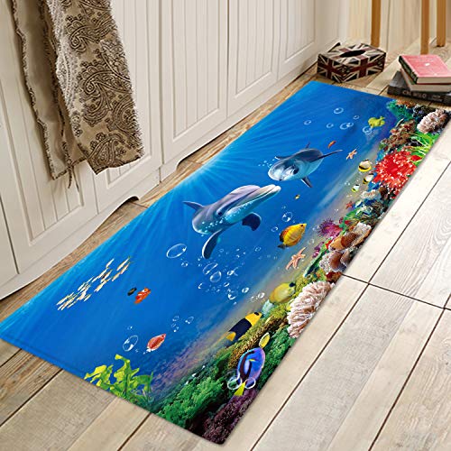 Badteppich und Fußmatte, Motiv: blauer Delfin, 17 mm dick, Memory-Schaum, rutschfest, saugfähig, super Badematten, bequem, Flanell, 180 x 61 cm von WODEJIA