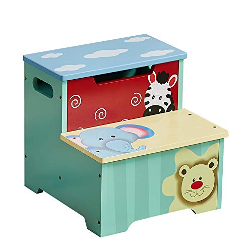 Tritthocker für Kinder | Kindertritthocker mit Aufbewahrung | Tragbare & leichte Double Step Hocker für Kleinkinder Kinder Jungen Mädchen Trittschemel aus Holz für Kleinkinderzimmer (Aqua) von WODENY