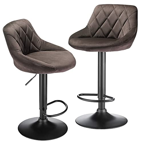 WODFARR 2 x Barhocker aus Samt, höhenverstellbar, mit Rückenlehne und Fußstütze, 35 x 37 x 64,5 – 80 cm, Braun von WODFARR