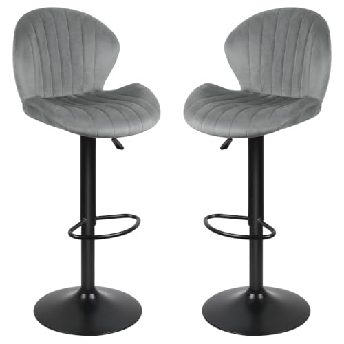 WODFARR Barhocker, 2 Stück, Küchenstuhl, höhenverstellbar, gepolstert, aus Samt, mit Rückenlehne und Fußstütze, Esszimmer, Theke (Hellgrau – 2 Stück) von WODFARR