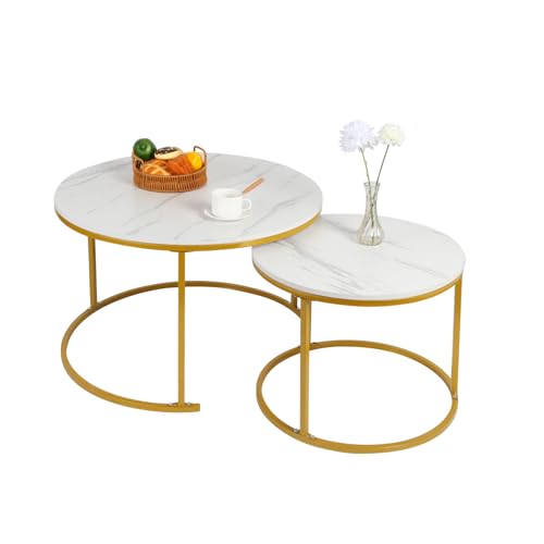 WODFARR Beistelltisch 2er Set 50/70cm Rund Beistelltisch Metall Beistelltisch im Industriedesign Ausziehtische für Wohnzimmer Schlafzimmer Balkon Büro (Weiß-Gold, 70x70x45cm) von WODFARR