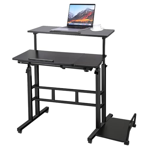 WODFARR Computertisch mit Rollen, kleiner Computertisch mit Empfangsplatte, neigbare Tischplatte, Computerarbeitsplätze (Schwarz, 100 x 60 x 67-117 cm) von WODFARR