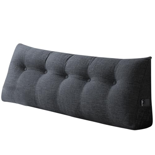 WODFARR Keilkissen, dreieckig, Lendenwirbelstütze, großes Rückenkissen, Baumwolle und Leinen, Lesekissen für Bett, Lesekissen, abnehmbar (Dunkelgrau, 160 x 50 x 20 cm, Baumwolle und Leinen) von WODFARR