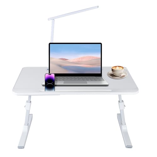 WODFARR Laptop-Bett, höhenverstellbarer Ständer, verstellbare Halterung, Betttablett mit Schublade und USB-Anschlüssen, Belüftung, faltbar, neigbar, 60 x 40 x 40 cm (Tischlampe, Weiß, XL) von WODFARR