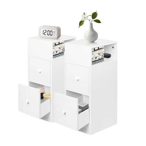 WODFARR Nachttisch, schmal, Nachttisch mit 1 offenen Fächern und 2 Schubladen, 2 Schubladen, 25 x 30 x 66 cm, Warmweiß von WODFARR