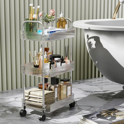 WODFARR Rollwagen, Rollregal, Aufbewahrungswagen mit 3 Ebenen, aus Acryl, transparent, platzsparend, für Küche, Büro, Badezimmer (3 Ebenen, 40 x 28,5 x 69,7 cm) von WODFARR