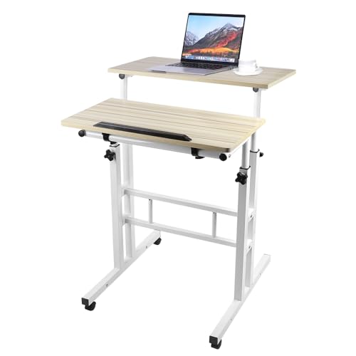 WODFARR Stehschreibtisch mit verstellbarer Höhe, tragbar und leicht zu bewegen, ideal für Zuhause oder im Büro, 60 x 60 x 67 – 115 cm, Ahornfarbe, Weiß von WODFARR