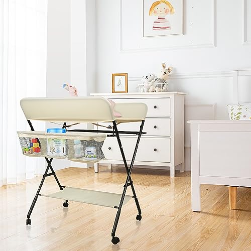 WODFARR Wickeltisch, faltbar, Wickeltisch mit Aufbewahrungskorb, Sicherheitsgurt und 4 Rollen mit Bremse, E-Beige WODFARR Wickeltisch, faltbar, Wickeltisch mit Aufbewahrungskorb, Sicherheitsgurt und 4 Rollen mit Bremse, E-Beige von WODFARR