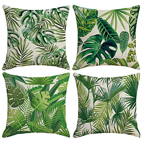 WODISON Set mit 4 Kissenbezügen 45,7 x 45,7 cm, dekorativer Kissenbezug für draußen, Frühlings- und Sommerpflanzenmuster, Leinenstoff, Grün (nur Bezüge) von WODISON