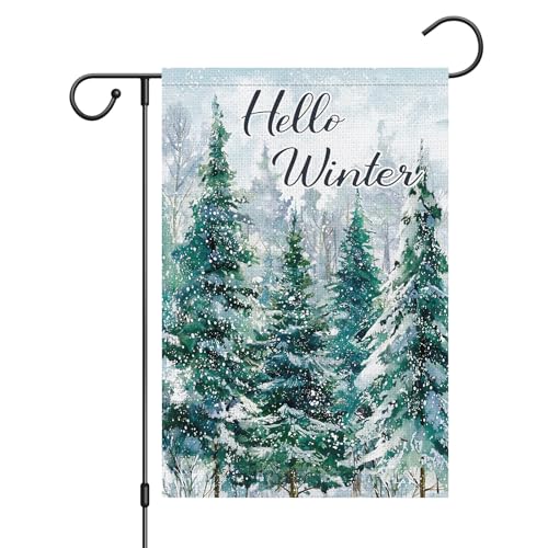 Wodison Hello Winter Gartenflagge, 30,5 x 45,7 cm, doppelseitig außen, Schneeflocken, Wald, Weihnachtsbäume, Jute, Hofflagge, Heimdekoration, Outdoor-Dekoration Wodison Hello Winter Gartenflagge, 30,5 x 45,7 cm, doppelseitig außen, Schneeflocken, Wald, Weihnachtsbäume, Jute, Hofflagge, Heimdekoration, Outdoor-Dekoration von WODISON