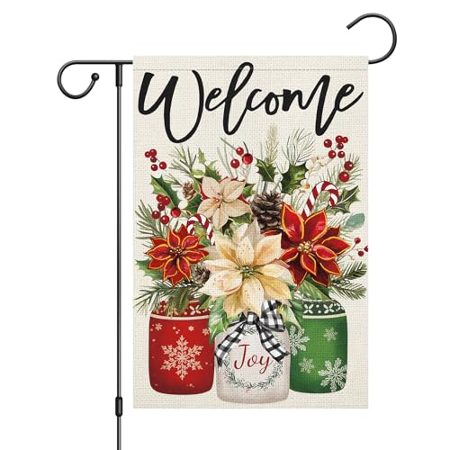 Wodison Weihnachts-Gartenflagge, 30,5 x 45,7 cm, doppelseitig, Sackleinen, Weihnachtsstern, Blume, Einmachglas, Willkommensfeier, Winter, Urlaub, Haus, Hof, Outdoor, dekorative Flagge Wodison Weihnachts-Gartenflagge, 30,5 x 45,7 cm, doppelseitig, Sackleinen, Weihnachtsstern, Blume, Einmachglas, Willkommensfeier, Winter, Urlaub, Haus, Hof, Outdoor, dekorative Flagge von WODISON