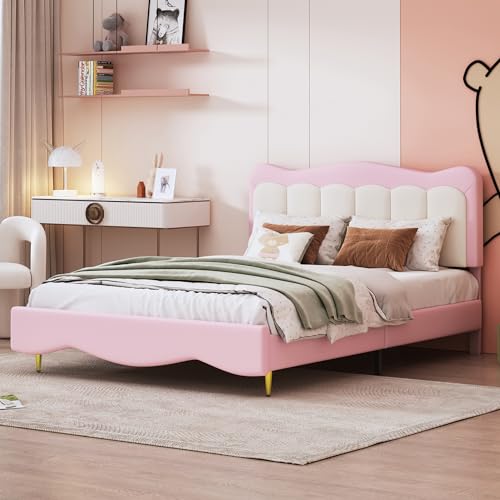 WODSOFTI Kinderbett Polsterbett 140 * 200 cm, PU-Leder süßes Mädchenbett rosa Jugendbett Doppelbett mit Lattenrost (Matratze Nicht im Lieferumfang enthalten) von WODSOFTI
