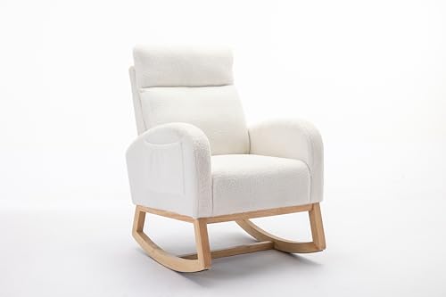 WODSOFTI Mid Century Modern Teddy Fabric Upholstered Rocking Chair Padded Seat for Living Room Bedroom, Beige von WODSOFTI