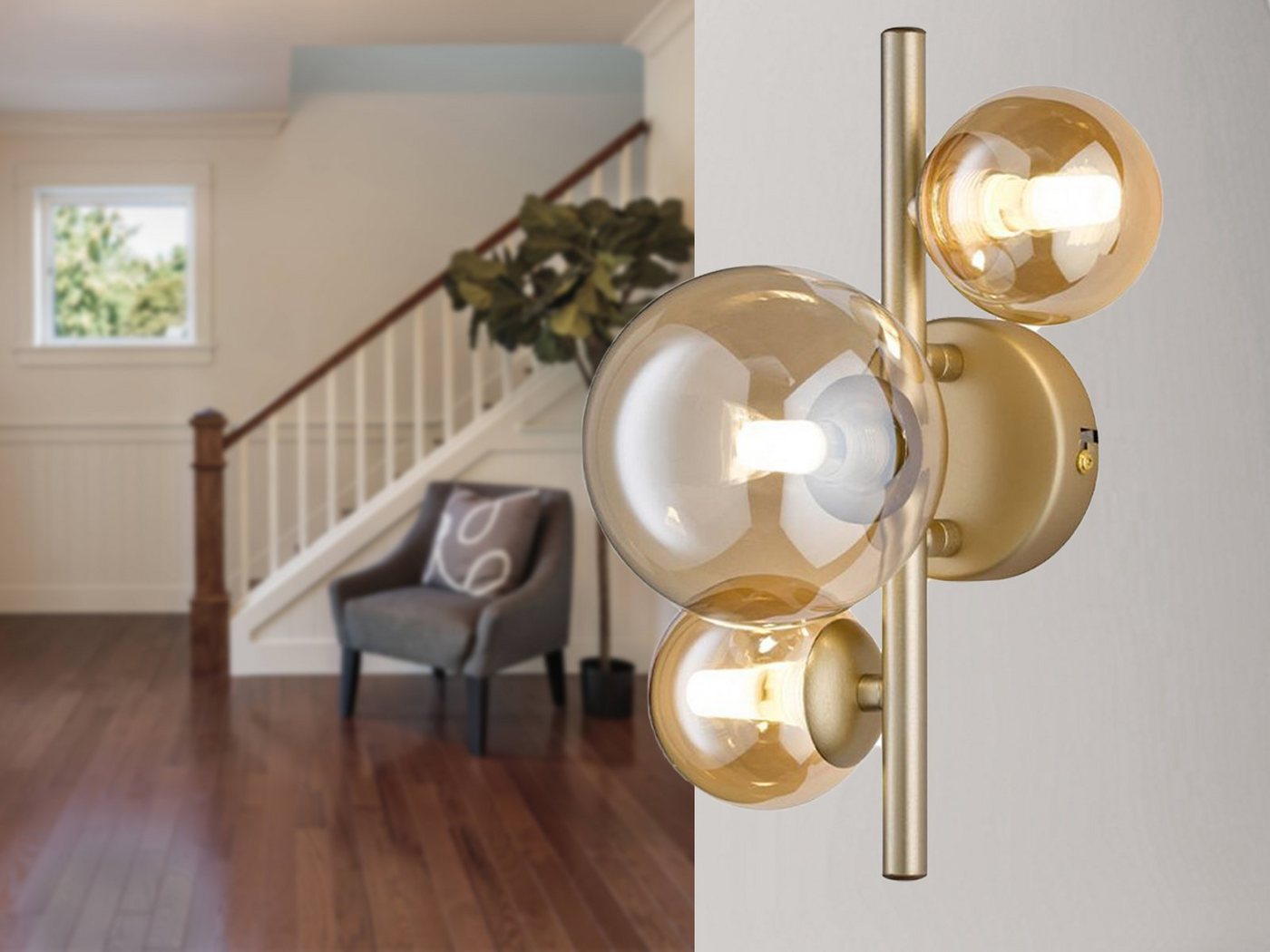 WOFI LED Wandleuchte, LED wechselbar, Warmweiß, innen, ausgefallene Bubble Lampe 4x Glas-kugel, Gold matt, Höhe 28cm von WOFI