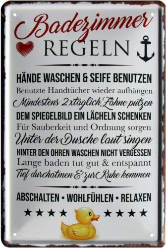 WOGEKA ART Retro Blechschild - Badezimmer Regeln Bad - witziger Spruch als Geschenk-Idee zum Geburtstag Weihnachten zur Dekoration 20x30 cm Vintage-Design aus Metall 1065 von WOGEKA ART