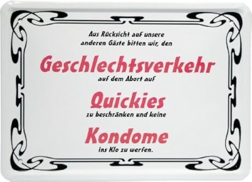 Blechschild 15 x 21 cm "Geschlechtsverkehr- Quickis- Kondome ..." Spruch Reklame Retro Nostalgie MJ 103 von WOGEKA ART
