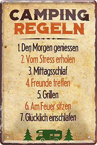 WOGEKA ART Retro Blechschild - Camping Regeln - Grillen - Erholen - Natur - witziger Spruch als Geschenk-Idee Geburtstag Weihnachten Dekoration 20x30 cm Vintage-Design Metall 2258 von WOGEKA ART