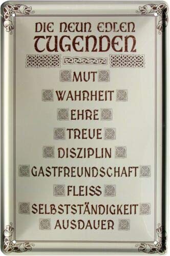 WOGEKA ART Retro Blechschild - Die 9 edlen Tugenden: Mut Ehre Treue Fleiß - witziger Spruch als Geschenk-Idee Geburtstag Weihnachten Dekoration 20x30 cm Vintage-Design Metall 1554 von WOGEKA ART