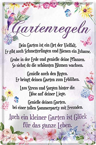 WOGEKA ART Retro Blechschild - Gartenregeln Garten Blumen Glück - witziger Spruch als Geschenk-Idee zum Geburtstag Weihnachten zur Dekoration 20x30 cm Vintage-Design Metall 2257 von WOGEKA ART