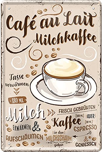 Kaffee Sorten Zubereitung Rezept Retro Deko Blechschild Coffee Bar Bistro Restaurant (20 x 30 cm, Cafe au Lait - Milchkaffee - Milch Milchschaum Kaffee 2271) von WOGEKA ART