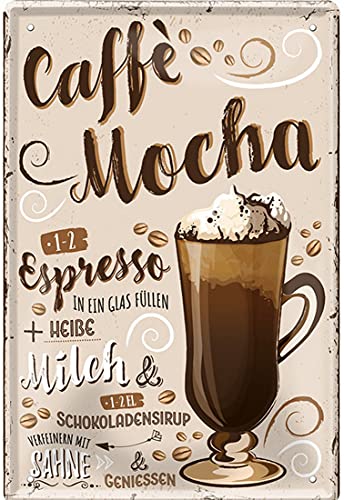 Kaffee Sorten Zubereitung Rezept Retro Deko Blechschild Coffee Bar Bistro Restaurant (20 x 30 cm, Cafee Mocha - Kaffee Milch Schokoladensirup Sahne 2272) von WOGEKA ART