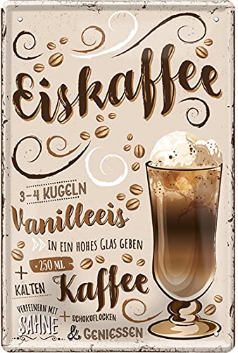 Kaffee Sorten Zubereitung Rezept Retro Deko Blechschild Coffee Bar Bistro Restaurant (20 x 30 cm, Eiskaffee - Vanilleeis Kalter Kaffee Sahne Schokoflocken 2264) von WOGEKA ART